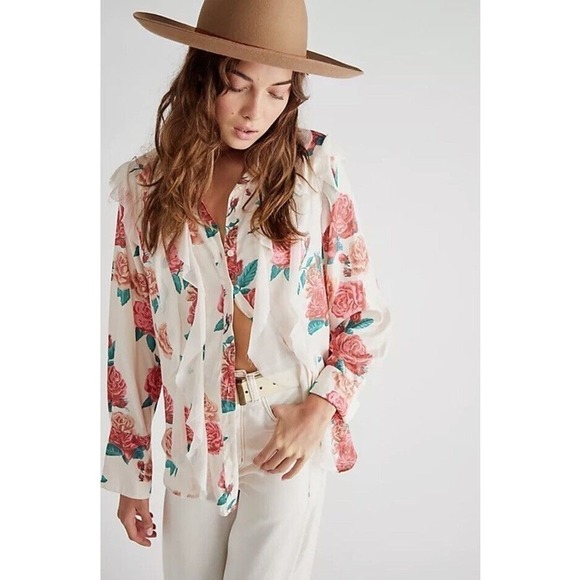 New Free People Charlotte Floral Blouse Women's Pink Cream Size Small Petite SP - Picture 1 of 6